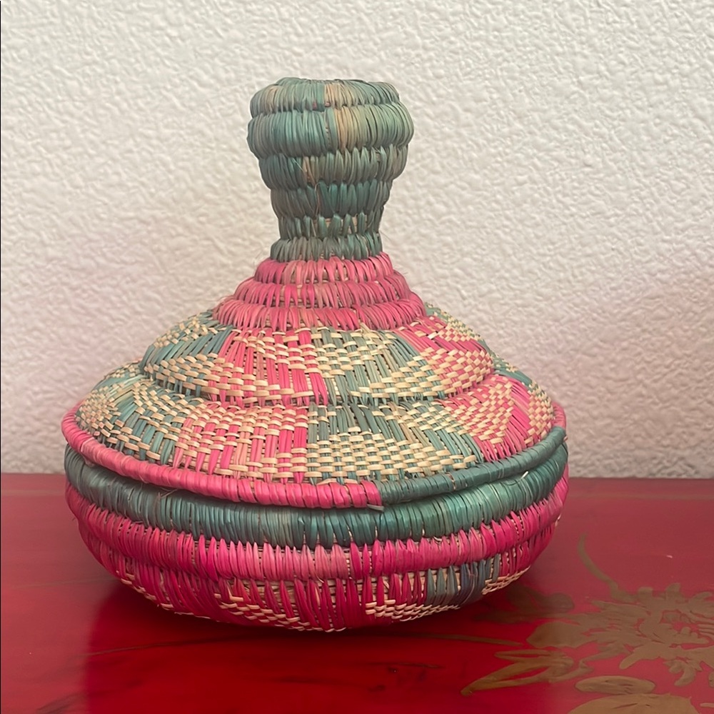 Handwoven Djiboutian Multicolor Woven Basket with Lid
